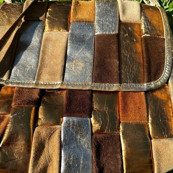 VTG 1980's Metallic Patchwork Leather Crossbody Bag Boho Purse Distressed Suede - Picture 2 of 12